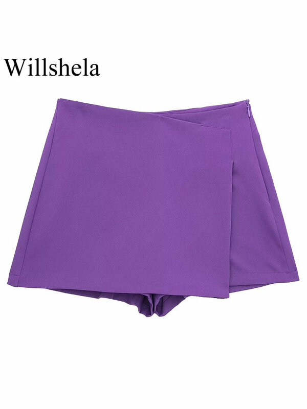 Willshela 여성용 단색 비대칭 사이드 지퍼 스커트 반바지, 빈티지 하이웨이스트, 세련된 레이디 반바지, 패션