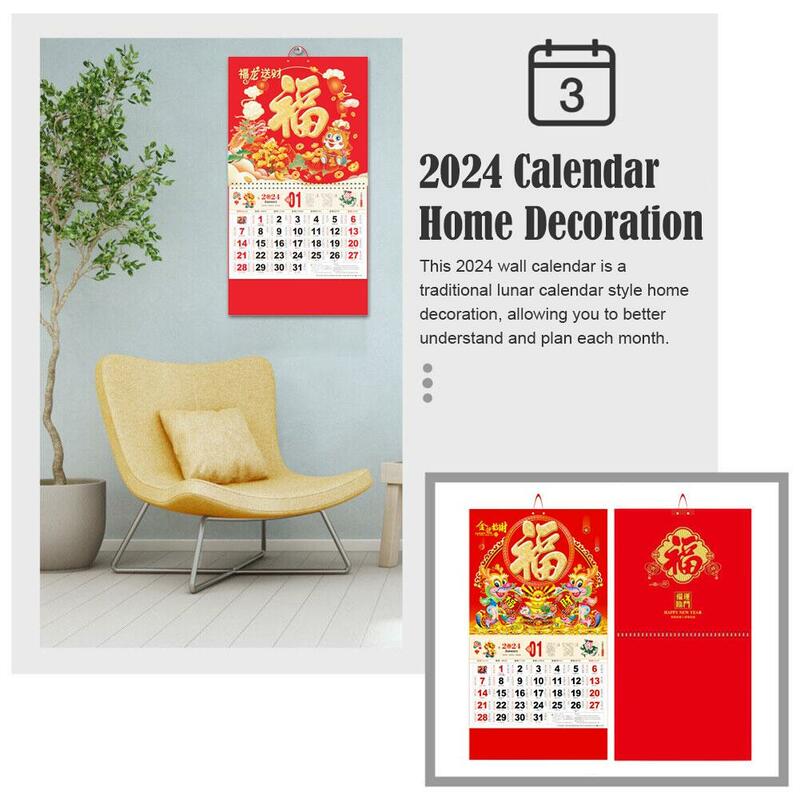 Calendário de Parede do Ano Novo Chinês, Decoração Tradicional com Dragon Fu, Monthly Vire a Página Decoração para Casa Com Dragon Year 2024