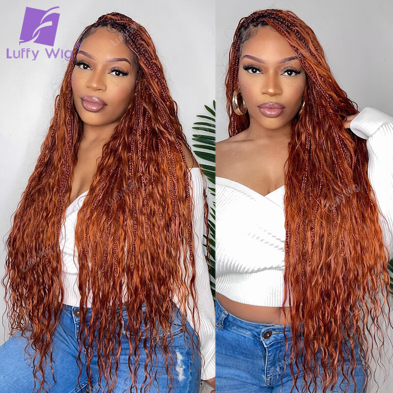 Crochet Boho Locs with Human Hair Curls Pre-looped Synthetic Faux Braids Extensions Light Auburn Knotless Braiding Hair luffywig