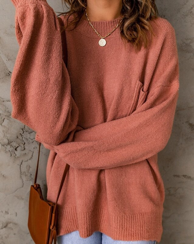 Suéter informal de manga larga para mujer, Jersey de punto con cuello redondo, diseño de bolsillo, a la moda, para uso diario, 2023