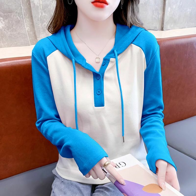 女性の韓国スタイルのフード付きセーター,薄いカジュアルセーター,対照的な色のパッチワークトップ,春と秋,2023