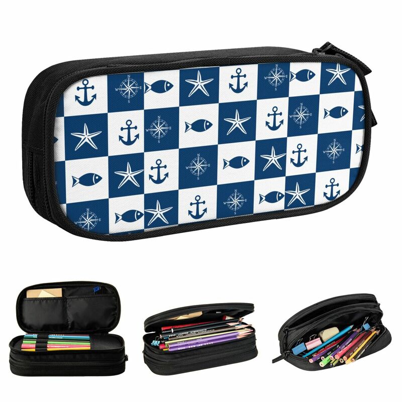 Blue Nautical Collage Anchor Pencil Case Pencil Pouch Pen Box for Girl Boy Big Capacity Bag School Supplies Zipper Stationery