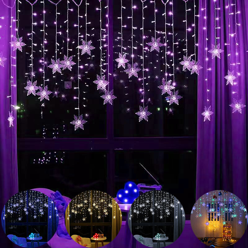 Decorazione per interni ed esterni di capodanno tenda a LED luci a stringa di fiocchi di neve illuminazione a onde decorazioni natalizie per feste