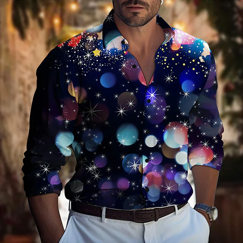 Модная новая рубашка с 3D принтом звездного неба, Повседневная рубашка-поло с длинными рукавами, кардиган с воротником-поло, клубный уличный крутой мужской топ, лето