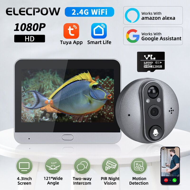 Elecpow-Tuya Inteligente WiFi Vídeo Campainha Olho Peephole Câmera, 4.3 Polegada, Detecção de Movimento PIR, Alexa, Google, Digital Door Viewer, 1080P
