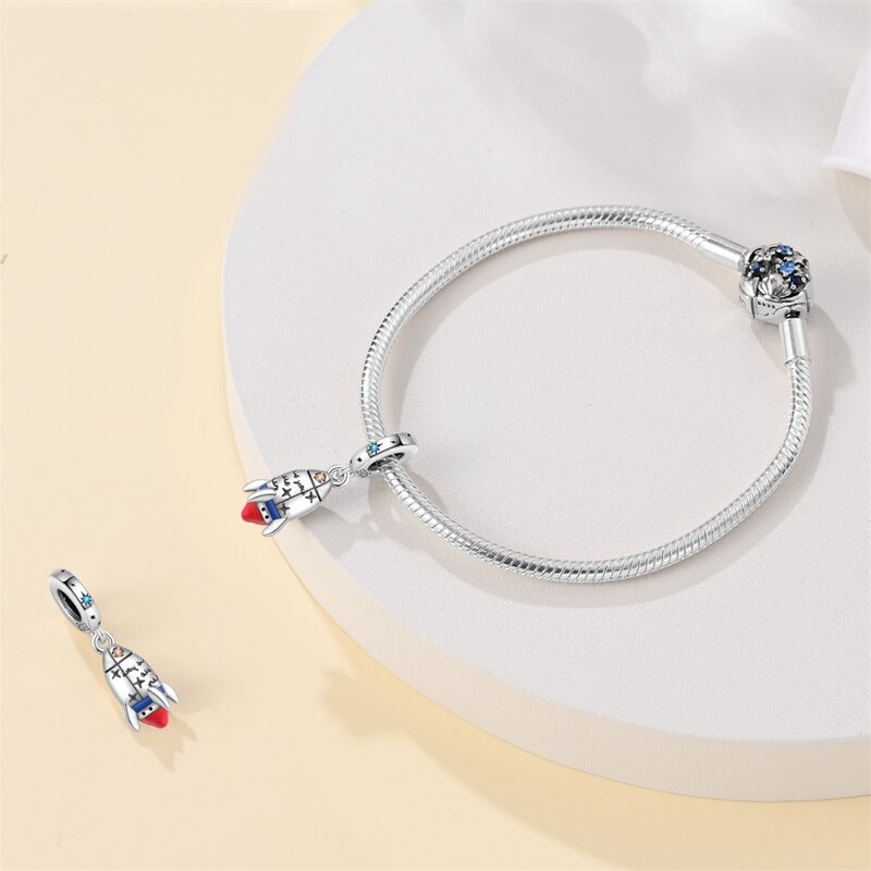 Musujące 925 Sterling Silver niebieska czerwona miłość rakieta Charm pasuje do bransoletka Pandora propozycji ślubnych kobiet akcesoria jubilerskie
