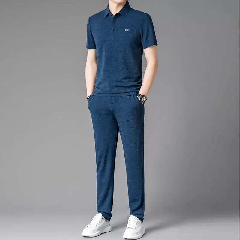 Casual Sports Suit Men's Summer Thin Breathable and Loose Short-Sleeved Trousers Ice Silk Seamless Elastic Two-Piece Suit