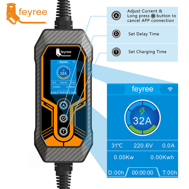 Feyree-carregador portátil EV para uso doméstico e externo, carregamento com temporização inteligente, corrente ajustável, Wi-Fi, controle de aplicativos, EVSE, tipo 2, 32A, 7kW