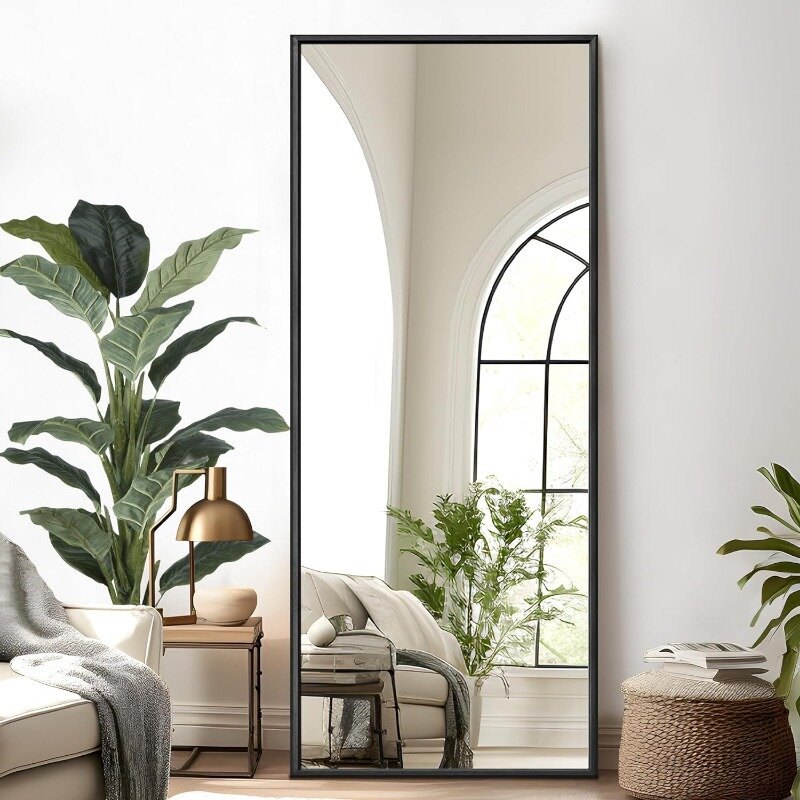 Large Rectangle Bedroom Mirror Floor Mirror Dressing Mirror Wall-Mounted Mirror, Aluminum Alloy Wide Frame, Black, 65"x22"