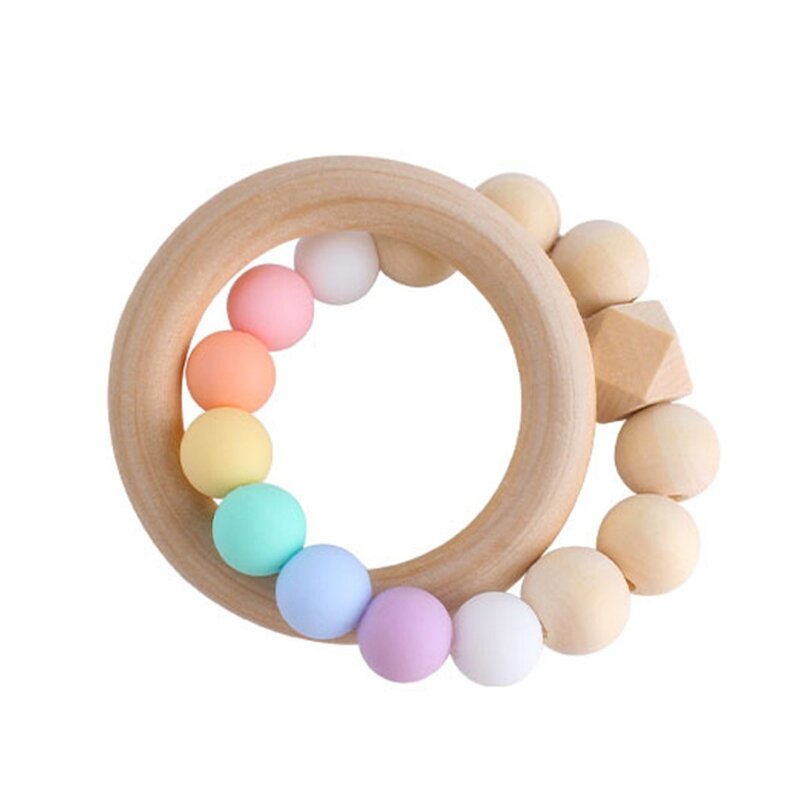 77HD Baby Teether Baby Nursing Bracelets Rainbow Candy Color Silicone Teether Wood Teething Rattles Nursing Gift