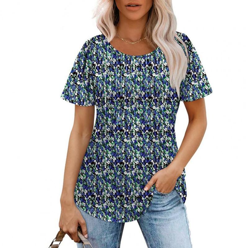 Top damski luźny krój pulowerowe topy stylowa damska letnia kolekcja T-shirtów Casual O-neck plisowana koszulka jednokolorowa luźna