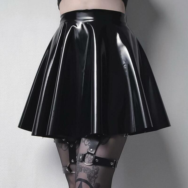 Women Mini Skirt Elegant High-waisted Women's Skater Skirt in Mirror Glossy Faux Leather for Work Leisure Performance Skirt