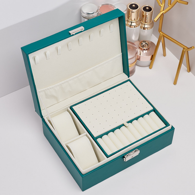 Kotak Perhiasan Lapisan Ganda Hitam Stud Organizer Cincin Besar Kalung Kotak Tempat Makeup Kulit PU Kotak Perhiasan dengan Kunci untuk Wanita