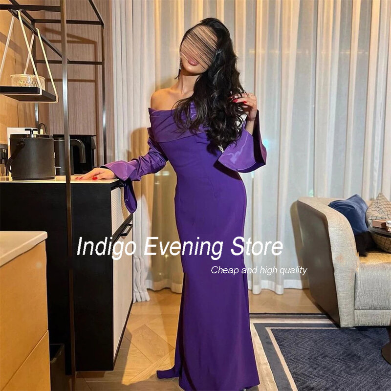 Платье для выпускного вечера цвета индиго 2024, элегантное вечернее атласное платье-Русалка без бретелек с длинным рукавом и открытой спиной для женщин