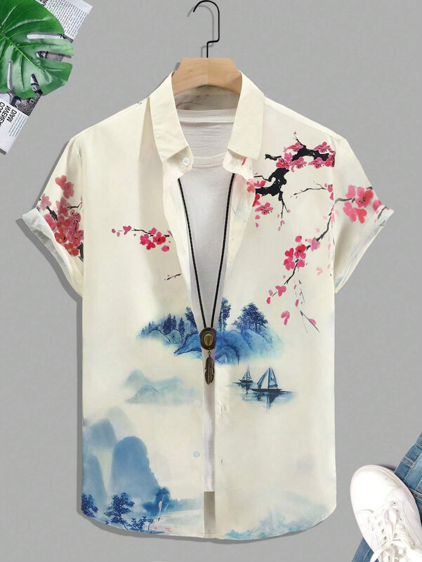 قمصان الرجال والنساء تصميم الفن الصيفي قمصان قصيرة الأكمام Casual Button Lapel Tops