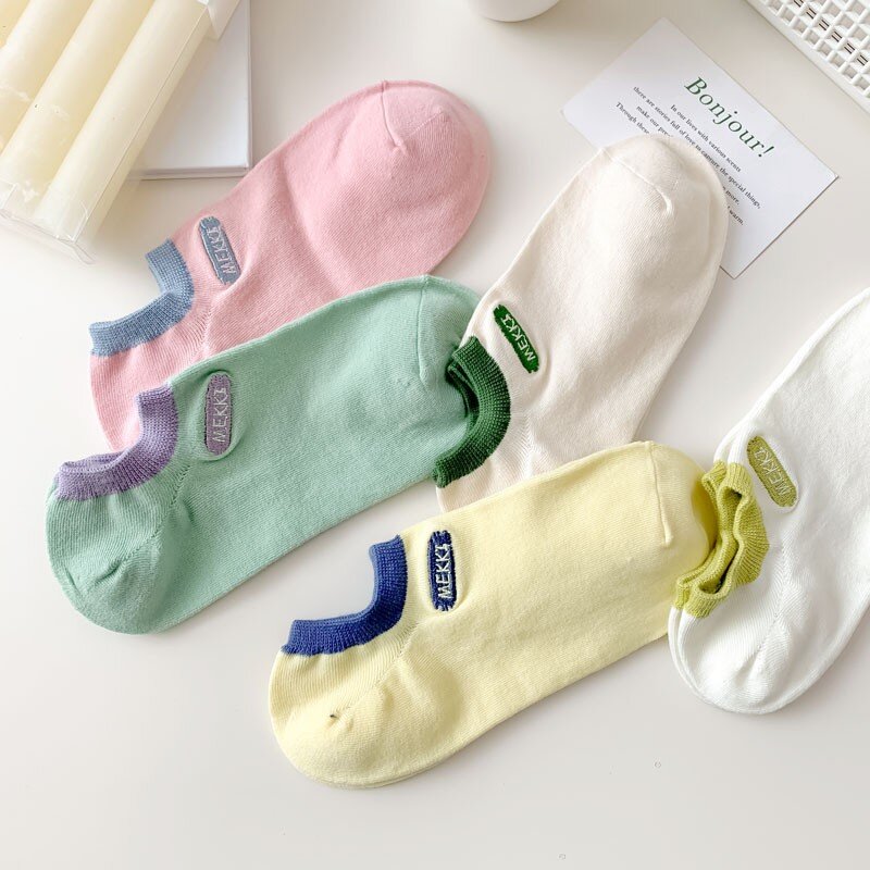 Calcetines tobilleros de algodón con letras bordadas para mujer, medias versátiles de moda, tacón Invisible, C108