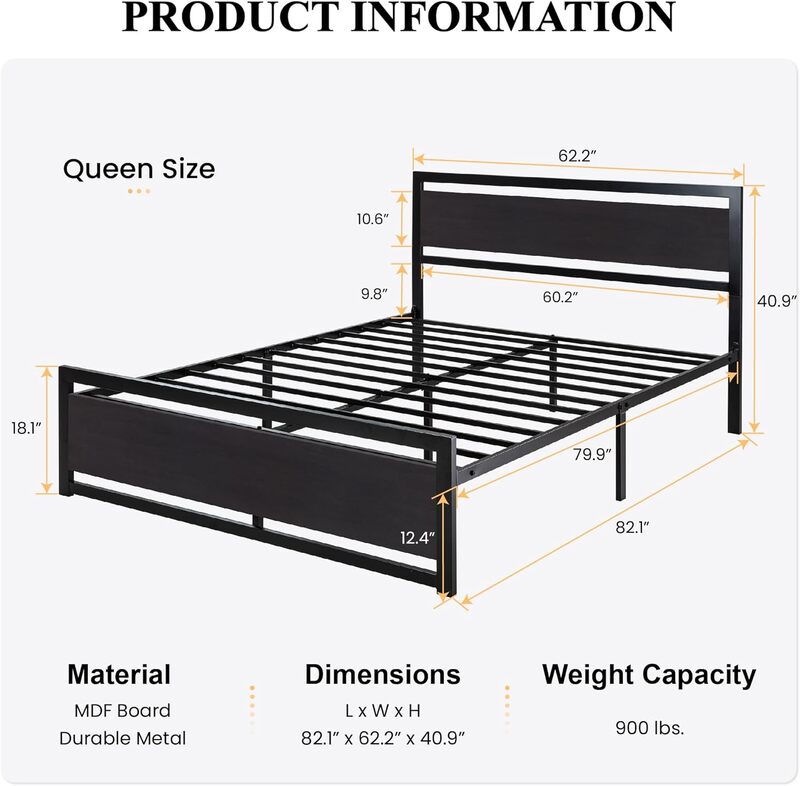 Marco de cama grande con cabecero de madera moderno, plataforma resistente, marco de cama de metal con marco cuadrado, reposapiés sin caja de resorte