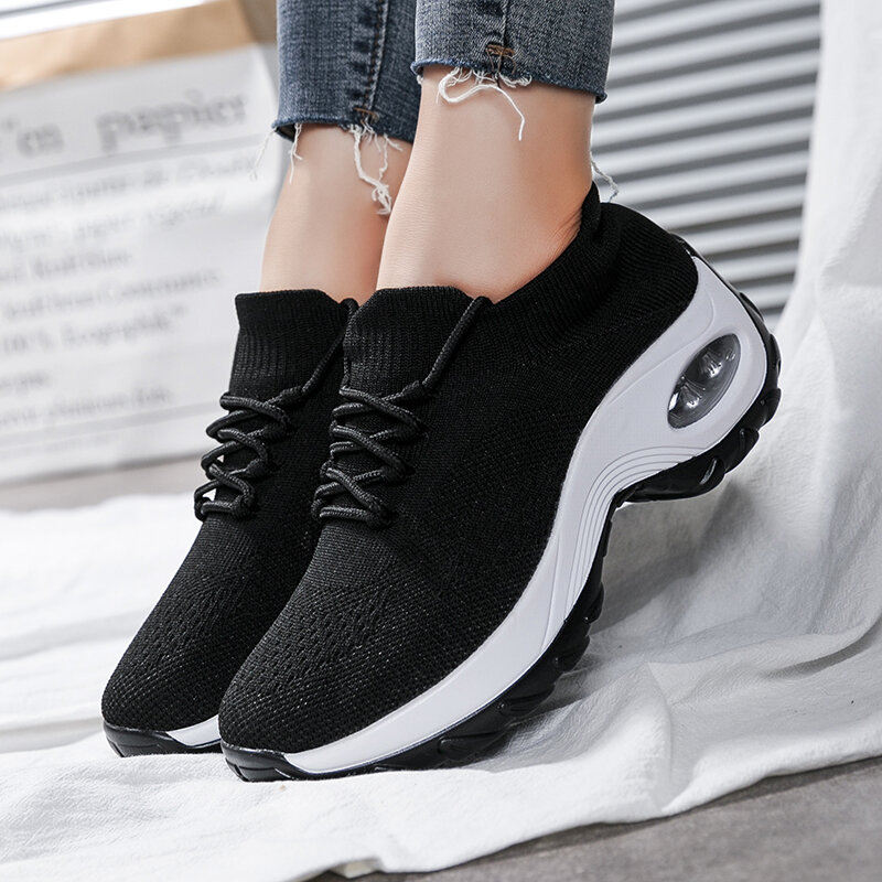 Running Shoes Air Cushion Women's Shoes Breathable Mesh Woven Lace Shoes Outdoor Sports Shoes Women Fashion Sneakers