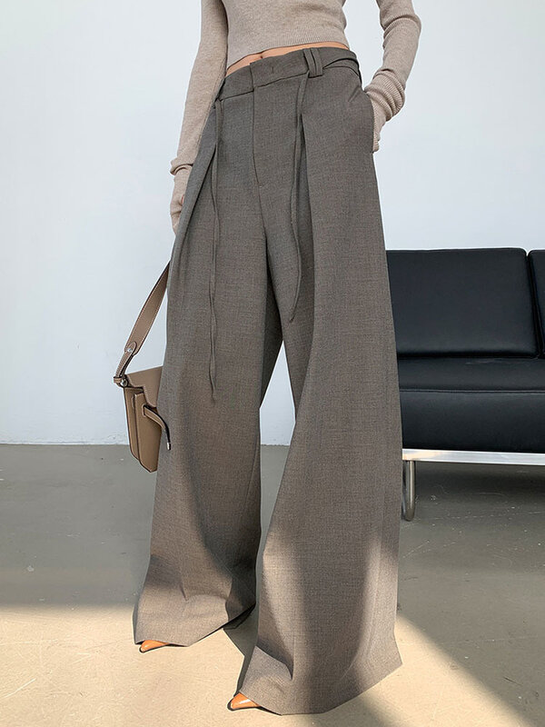 LANMREM-pantalones de pierna ancha con diseño de cordón para mujer, pantalón holgado de cintura alta para oficina, novedad de verano 2024, 26D8566