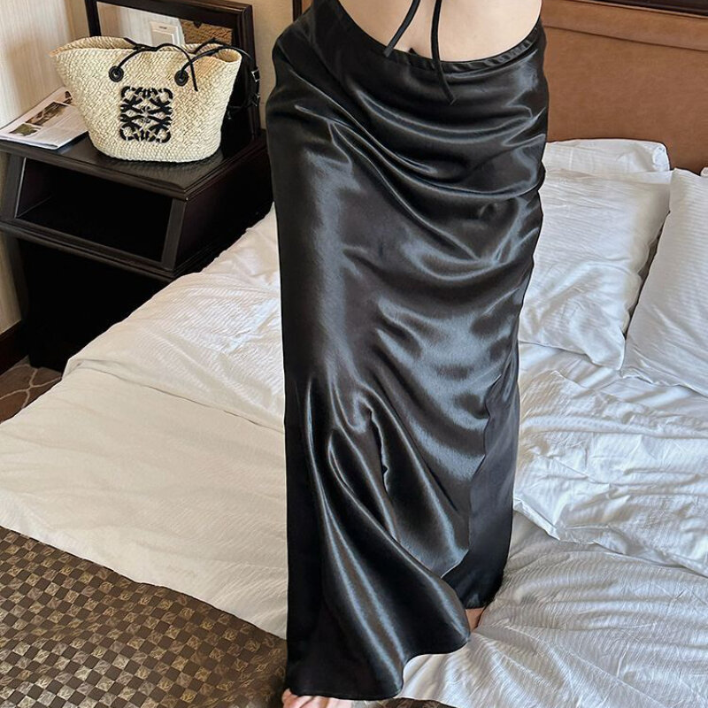 Элегантная атласная юбка Deeptown, женская черная Милая модная длинная юбка, базовая однотонная облегающая летняя юбка