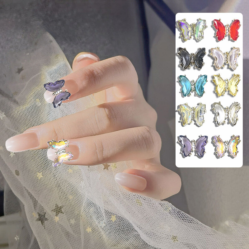 Glittery Alloy Butterfly Nail Jewelry with 3D Decoration for Nail Design, Set of 5 Rhinestone Nail Charms