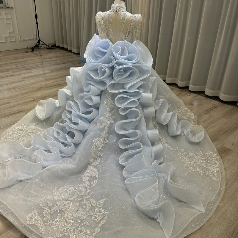 Children's blue gorgeous long sleeved pleated design tail wedding dress
