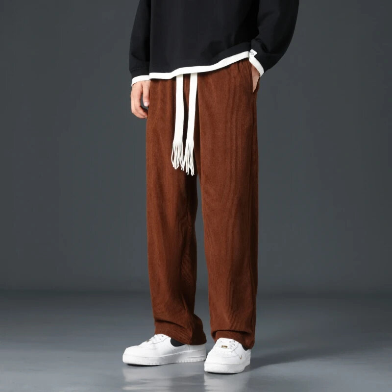 Jesienno-zimowe męskie spodnie spodnie sztruksowe szerokie Streetwear wysokiej jakości luźne spodnie do joggingu sznurek jednolity kolor