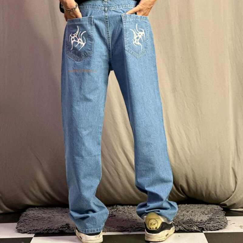 Fala dżinsy z nadrukami mężczyzn i kobiet amerykański Retro niebieską dżinsy in siateczkowo-czerwone luźne proste spodnie w stylu ulicznym