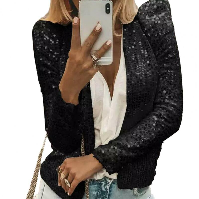 Sequin Outerwear Sequin Round Neck Women's Coat Long Sleeve Open Stitch Cardigan for Commute Club Party Solid Color Lady Jacket