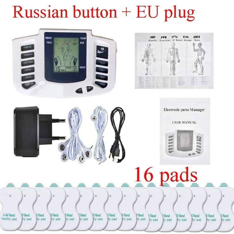 16 klocków JR309 EMS Tens urządzenie do masażu angielski lub rosyjski elektryczny puls akupunktura pełny masażer do relaksującego masażu ciała Stim