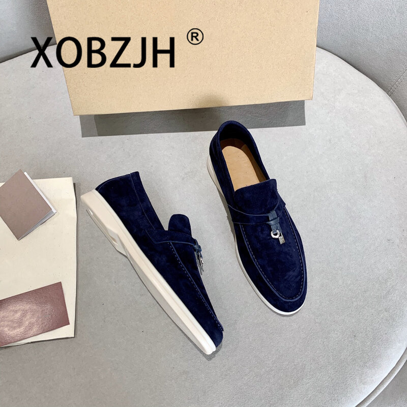 Loafers Suede Men Summer Walk Shoes Spring Autumn Fashion Causal Moccasines Leather Metal Pendant Flat Shoes Lazy SlipOn Mules