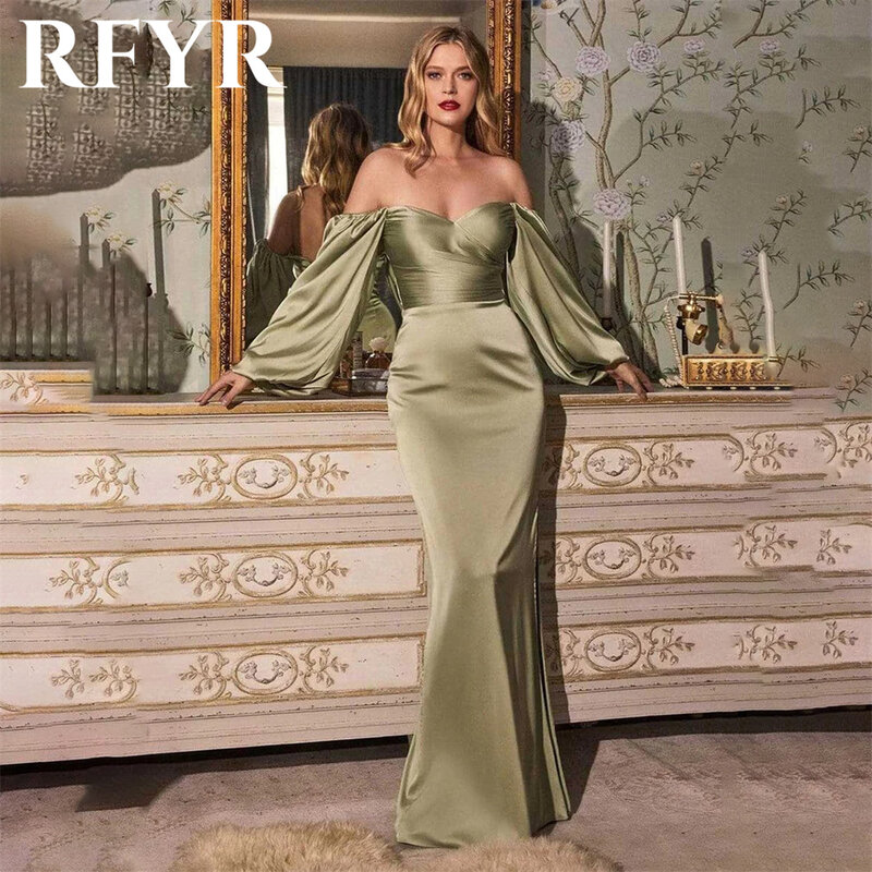 RFYR-Vestidos de Fiesta verde salvia con hombros descubiertos, Vestidos de Noche de manga larga, vestidos de fiesta de sirena con manchas