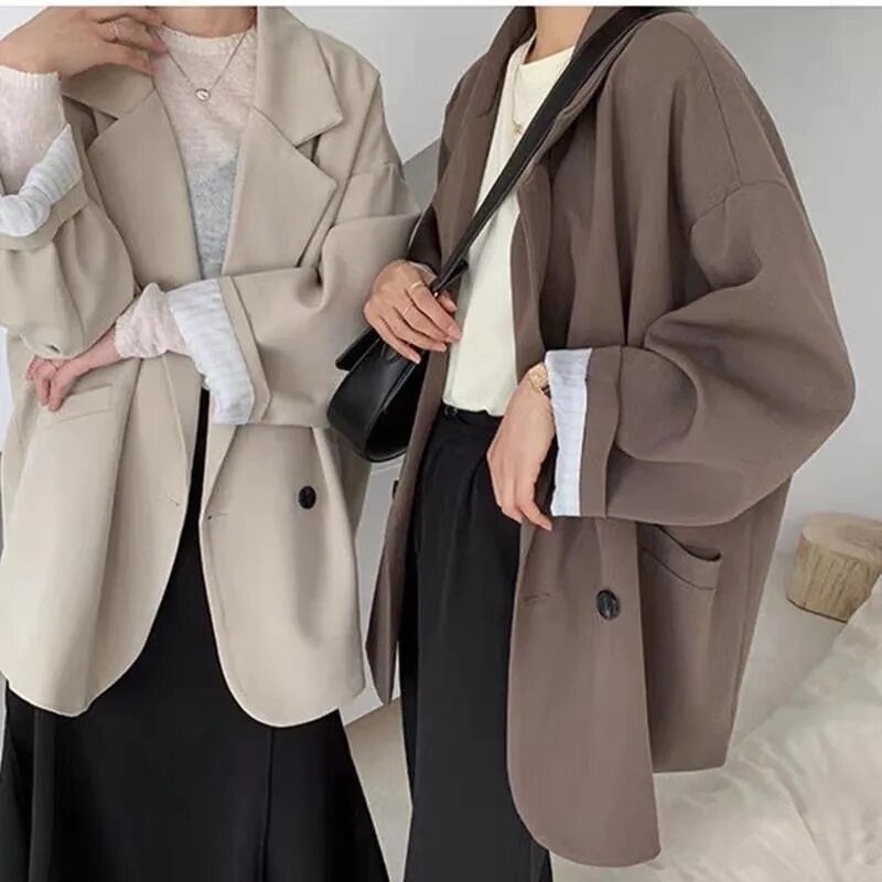Blazer marrón Vintage para mujer, elegante chaqueta de traje informal de manga larga de gran tamaño, moda oficial, primavera y otoño
