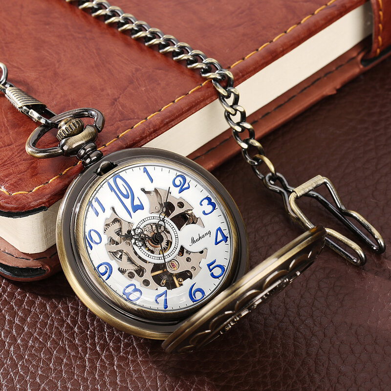 Wzór tarczy z brązu męski zegarek kieszonkowy ręczne nakręcanie mechaniczne modne niebieskie cyfry arabskie w stylu Vintage Steampunk zegar kieszonkowy