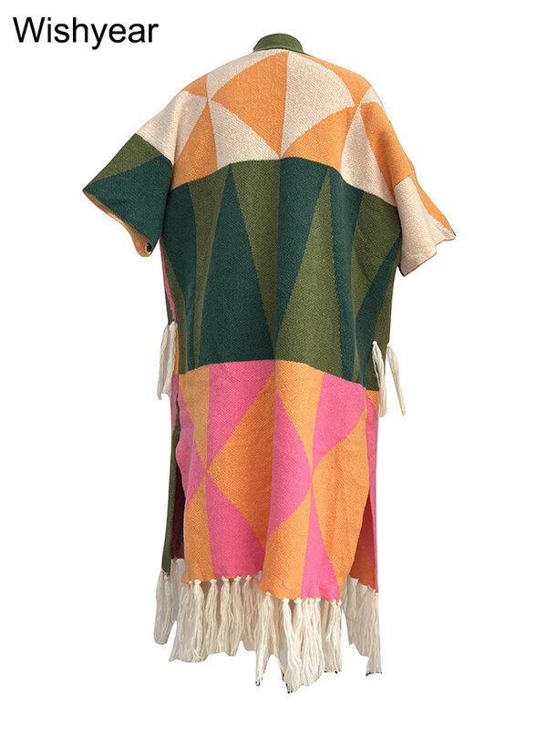 Dzianinowy frędzel kolorowy Patchwork Batwing półrękaw z rozpiętym ściegiem szeroki sweter płaszcze kardigany kobiet afrykańska odzież uliczna długa kurtka