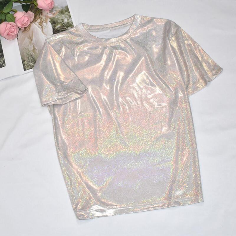 Glossy Finish Tops Glossy Finish Glitter Women's Loose Fit Tee Stylish Round Neck Short Sleeve Pullover for Nightwear for Women