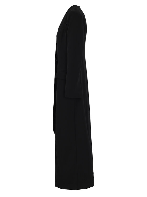 [EAM] женский черный элегантный Длинный блейзер на пуговицах, новинка, свободная приталенная куртка с v-образным вырезом и длинными рукавами, весна-осень 2024, 7AB1239