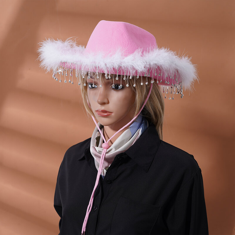 Cappello da Cowboy occidentale nuovo berretto da Cowgirl in tessuto a tesa larga decorato con nappe di strass per accessori per feste da sposa Costume Cosplay fantasia