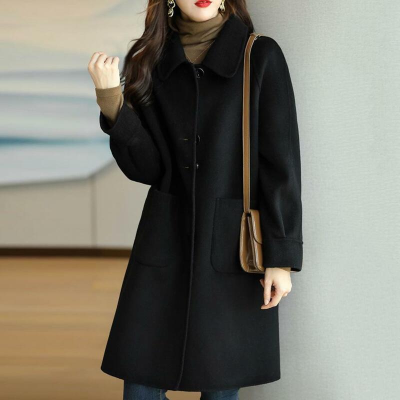 Single Breasted Wool Coat Stylish Women's Woolen Coat Lapel Long Sleeve Single Breasted with Pockets Fashionable for A