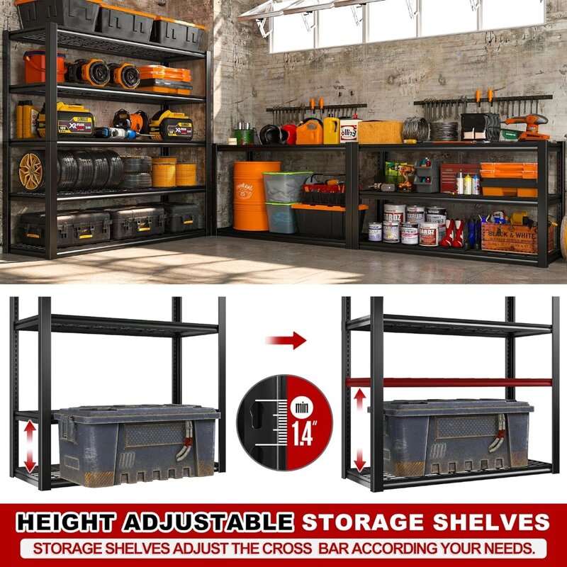 REIBII 48''W Garage Shelving Heavy Duty Loads 2500LBS Garage Storage Shelves Heavy Duty Shelving 5 Tier Adjustable Metal Shelvin