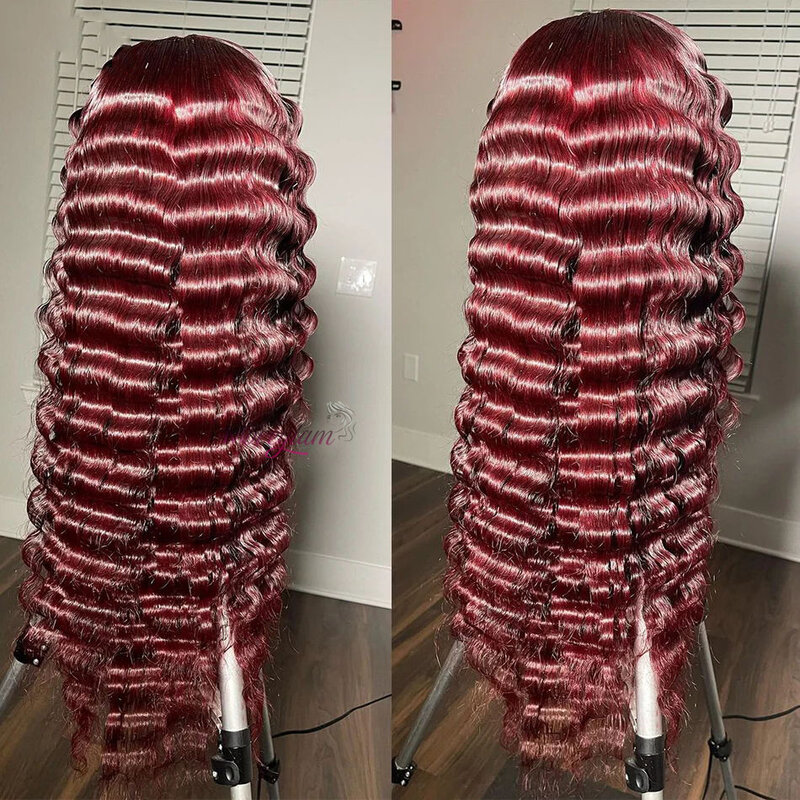 99J Burgundy 13x6 Deep Wave Lace Frontal Wig Transparent HD Deep Curly 13x4 Full Lace Front Human Hair Wigs Red Colored Wigs