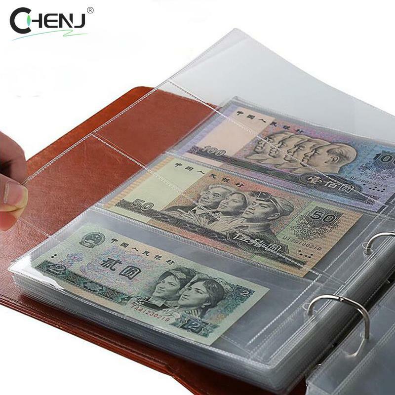 Álbum de billetes transparente, fundas de soporte para colección de páginas, hojas sueltas, dinero, 3 ranuras, 10 unidades por lote