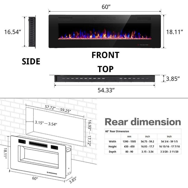 R.w.flame-埋め込み式および壁掛け式電気暖炉、低ノイズ、タイマー付きリモコン、タッチスクリーン、60インチ