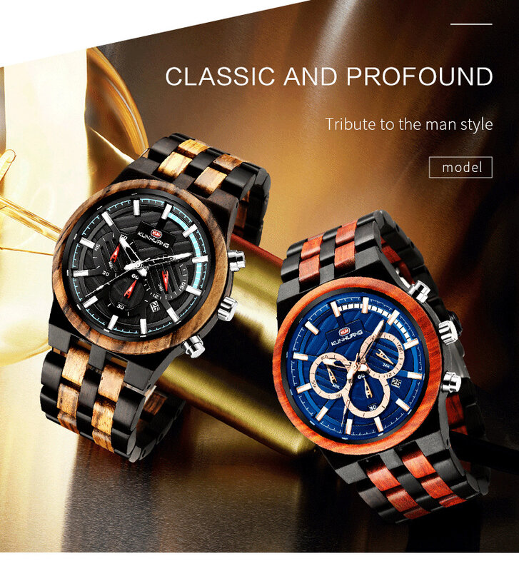 Luxury Wooden Watch Men Military Sport Multi-function Chronograph Personalized Custom Casual Wood Quartz Men's Watch Relogio