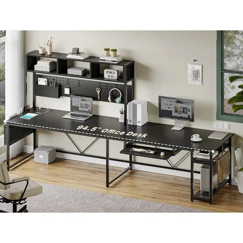 Mesa de computador reversível em forma de L, mesa de jogo preta com soquete e prancheta, luz LED, bandeja de teclado para casa e escritório