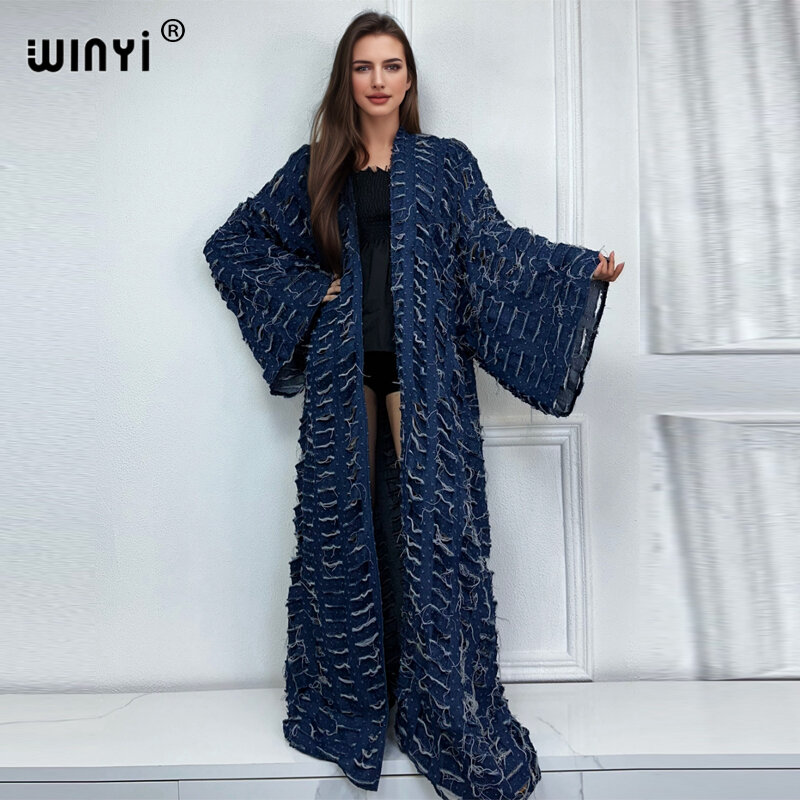 Winyi-女性の透かし彫りのロングダウンコート、ルーズオーバーコート、水着カバーアップ、着物、秋、冬、新しいファッション、2023