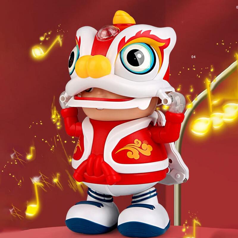 Lion Dance Boy Toy with Eye Hand Movements Chinese Style Electric Swing Dancing Robot with Fun Music Light Effect Retro for Kids