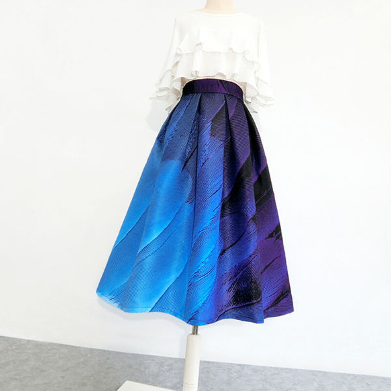 Para Mujer-Jupe trapèze taille haute pour femme, jupes décontractées bleues pour femme, vintage, mode élégante, tempérament long, Q590, automne