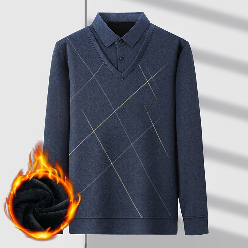 Camisa masculina de tricô espessa forrado com velo, além-fronteira, outono e inverno, nova