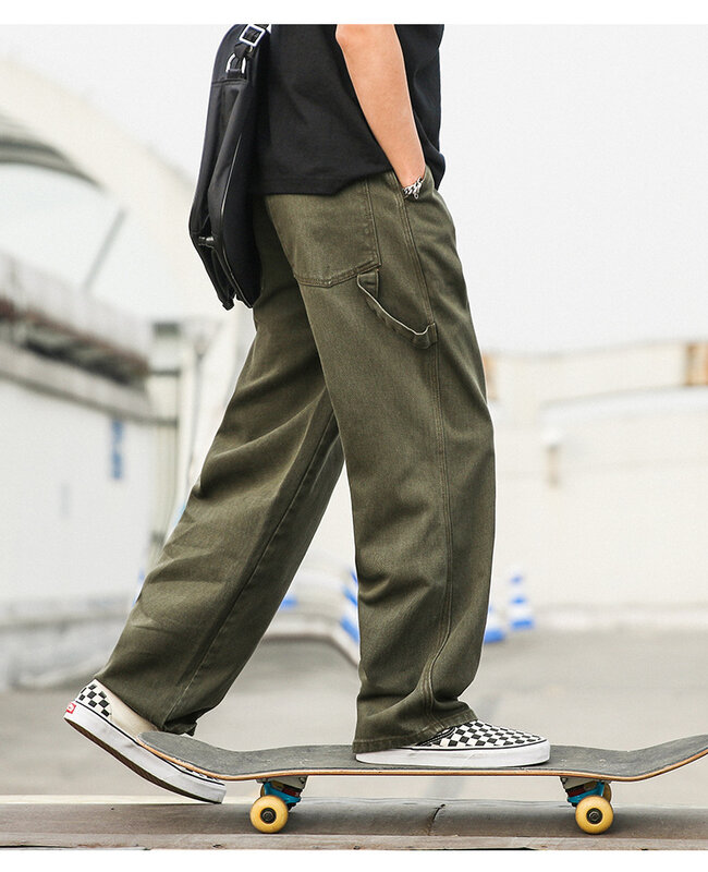 Japońskie Retro modne spodnie z szerokimi nogawkami męskie wojskowe spodnie robocze z prostymi nogawkami luźne jeansy wojskowe zielone spodnie jeansy męskie
